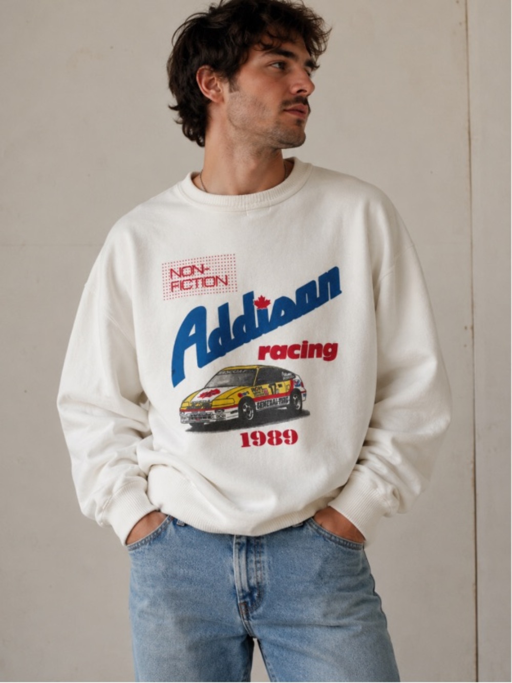 Vintage 1989 Addison Racing Sweatshirt Made Canada Cotton Graphic Crewneck L XL